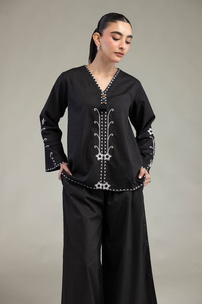 Embroidered | Textured Cotton | Black V-Neck Shirt | GBP 21.00