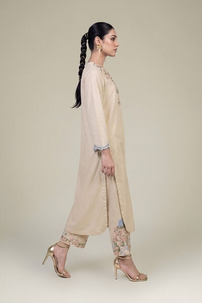 Embroidered | Raw Silk | Floral Beige Pants | GBP 40.00