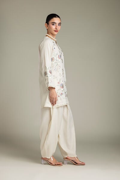 Embroidered | Raw Silk | Off-White Silk Pants | GBP 35.00