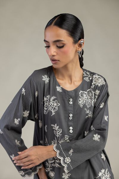 Embroidered | Cotton Dobby | Gray Longline Kurta | GBP 45.00
