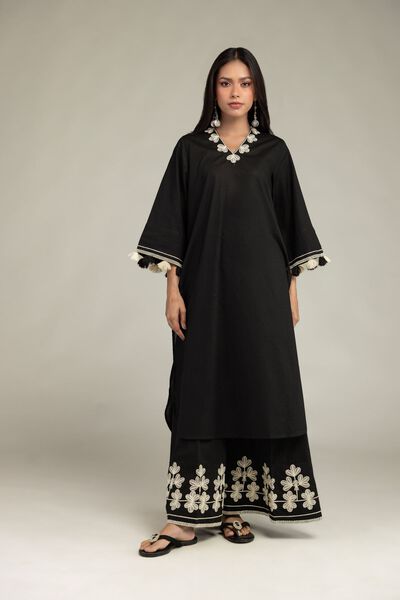 Embroidered | Cotton Dobby | Floral Black Pants | GBP 35.00