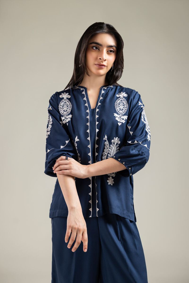 Embroidered | Viscose Crepe | Embroidered Navy Blouse | GBP 30.00