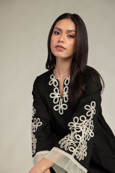 Embroidered | Cotton Dobby | Black V-Neck Kurta | GBP 25.00