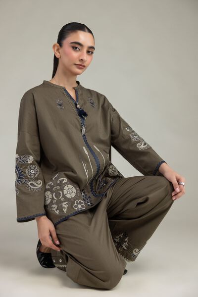 Embroidered | Textured Cotton | Floral Olive Blouse | GBP 21.00