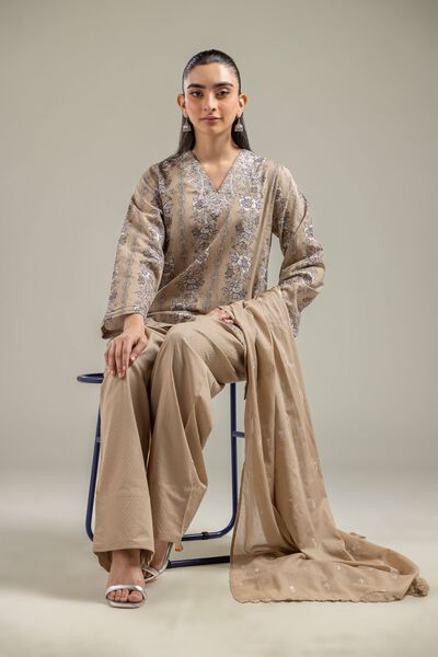 Embroidered | Cotton Dobby | Beige V-Neck Kurta | GBP 12.50