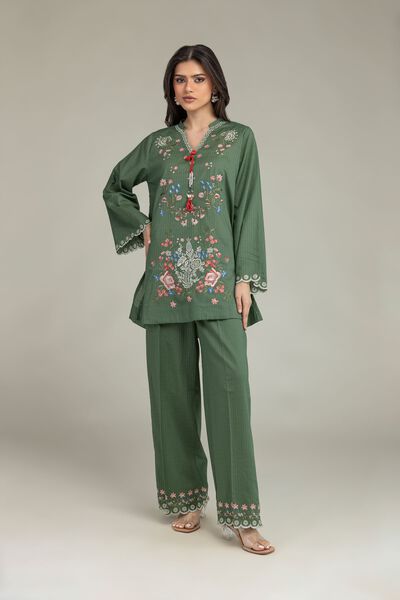 Embroidered | Cotton Dobby | Floral Green Pants | GBP 25.00