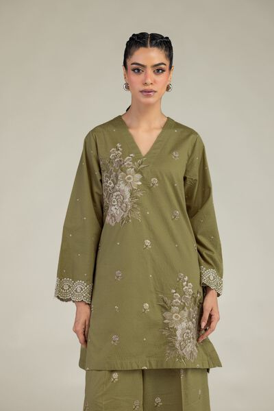 Embroidered | Cotton Dobby | Olive V-Neck Kurta | GBP 40.00