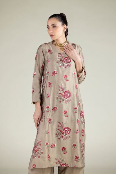 Embroidered | Raw Silk | Floral Longline Kurta | GBP 40.00