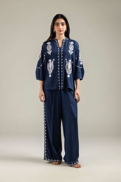 Embroidered | Viscose Crepe | Viscose Navy Trousers | GBP 20.00