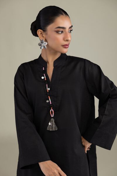 Dyed | Textured Cotton | V-Neck Black Kurta | GBP 30.00