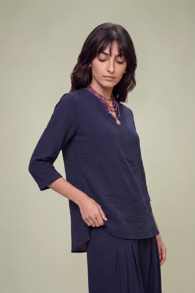 Dyed | Textured Georgette | V-Neck Navy Tunic | GBP 35.00