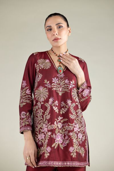Embroidered | Raw Silk | Floral V-Neck Kurta | GBP 50.00