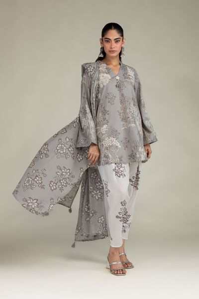 Embroidered | Cambric | Gray Floral Pants | GBP 15.00
