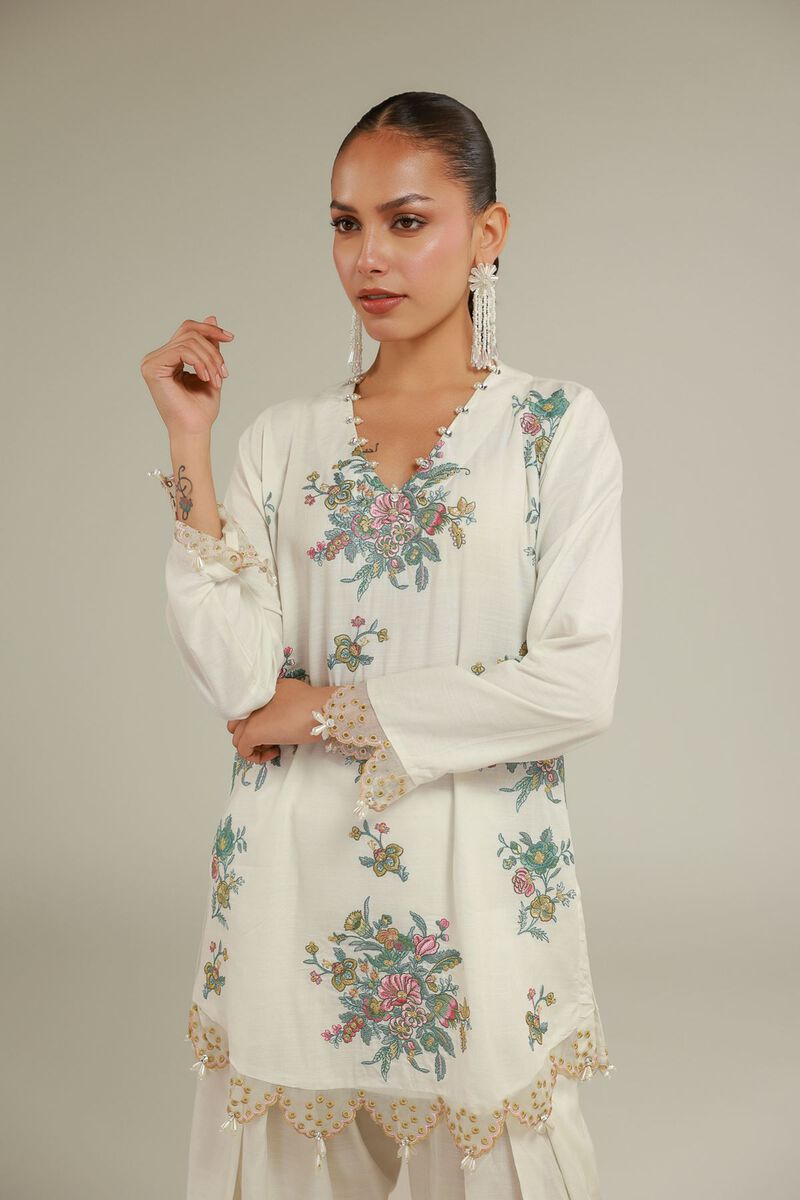 Embroidered | Raw Silk | Floral V-Neck Kurta | GBP 55.00