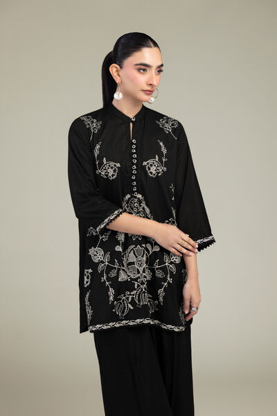 Embroidered | Raw Silk | Black Floral Kurta | GBP 45.00