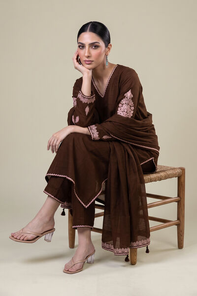 Embroidered | Light Khaddar | Brown V-neck Kurta | GBP 40.00