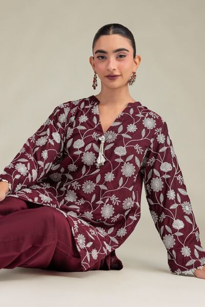Printed | Raw Silk | Floral Maroon Kurta | GBP 45.00