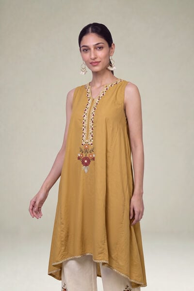 Embroidered | Cambric | Mustard Sleeveless Kurta | GBP 35.00