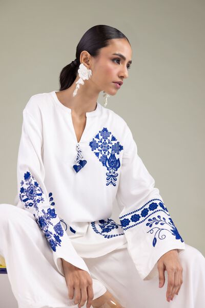 Embroidered | Viscose Crepe | Floral White Tunic | GBP 30.00