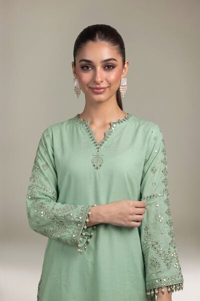Embroidered | Raw Silk | Mint Silk Kurta | GBP 60.00