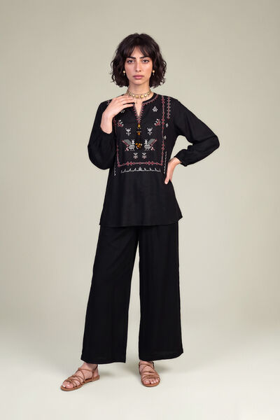 Embroidered | Viscose Crepe | Black V-Neck Blouse | GBP 40.00