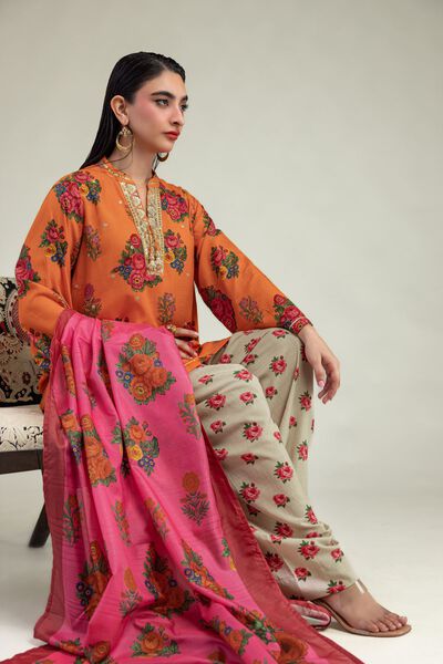 Embroidered | Raw Silk | Orange Floral Kurta | GBP 30.00