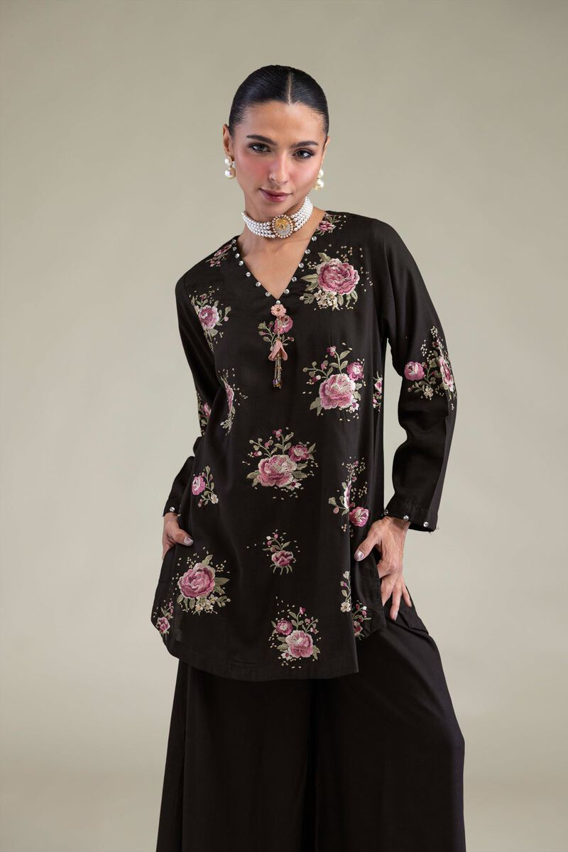Embroidered | Raw Silk | Black Floral Kurta | GBP 40.00