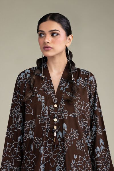 Printed | Cambric | Brown V-Neck Kurta | GBP 25.00