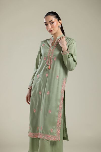 Embroidered | Textured Weave | Long Mint Kurta | GBP 30.00