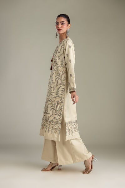 Embroidered | Heavy Blended Viscose | Solid Beige Pants | GBP 25.00
