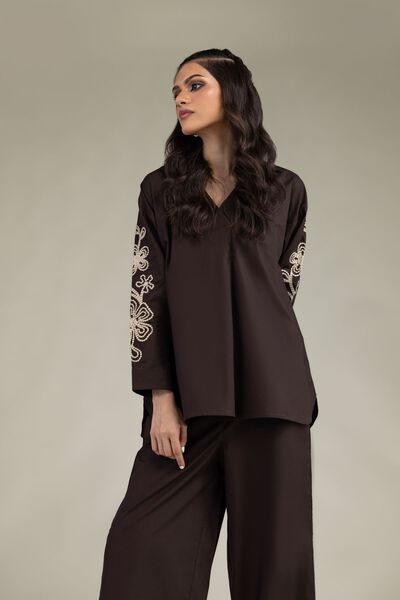 Embroidered | Poplin | Brown V-Neck Blouse | GBP 25.00