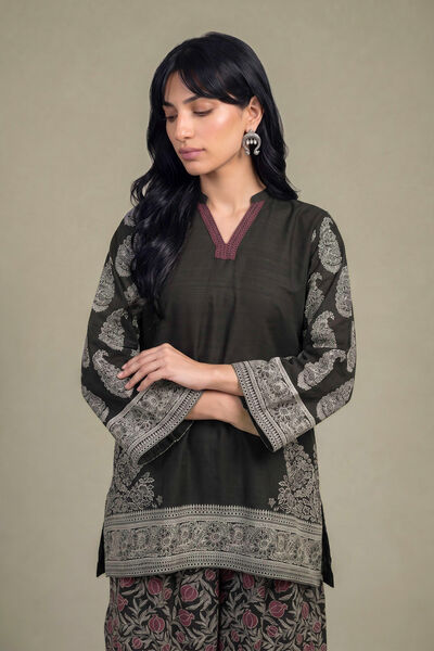 Printed | Light Khaddar | Black V-Neck Kurta | GBP 40.00