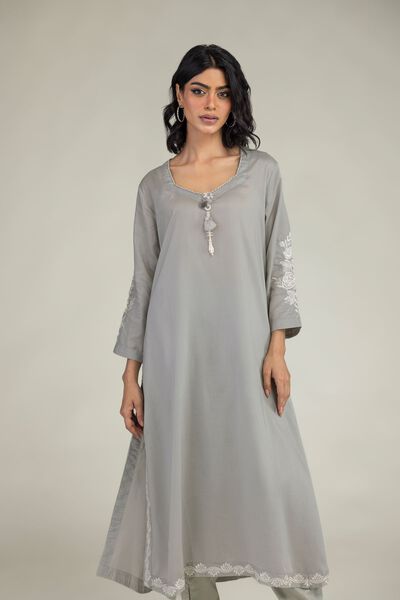 Embroidered | Lyocell | Gray Longline Kurta | GBP 35.00