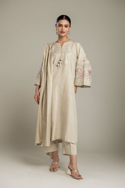Embroidered | Raw Silk | Beige Solid Pants | GBP 30.00