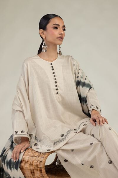 Textured Cotton | Embroidered | Short Round-Neck Kurta | GBP 35.00