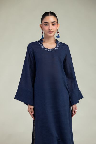 Dyed | Textured Cotton | Navy Round-Neck Kurta | GBP 30.00