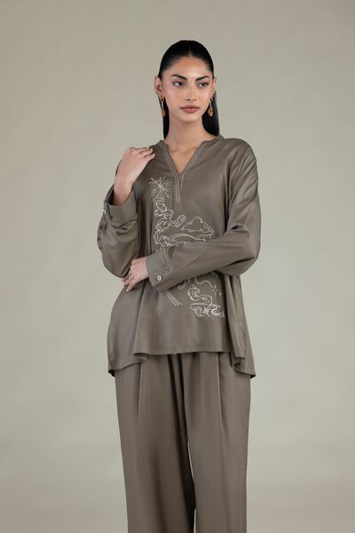 Embroidered | Viscose Crepe | Olive V-Neck Tunic | GBP 25.00