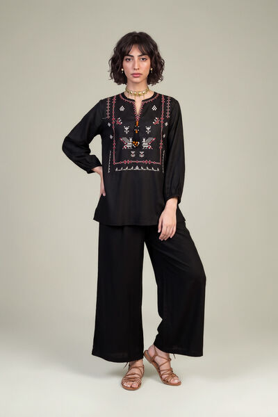 Embroidered | Viscose Crepe | Black Viscose Trousers | GBP 30.00
