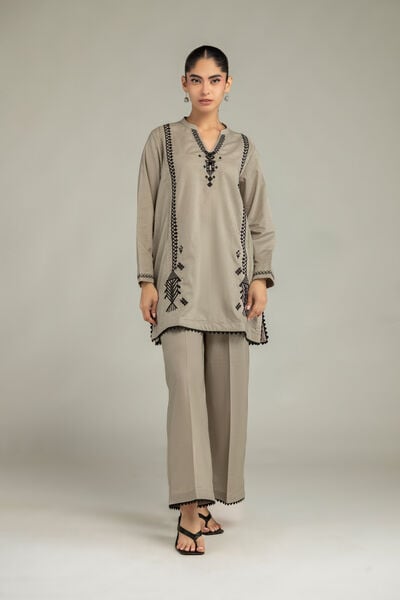 Embroidered | Cambric | Beige Solid Pants | GBP 25.00