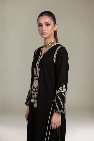 Embroidered | Raw Silk | Black Longline Kurta | GBP 60.00