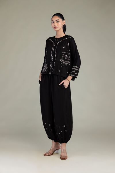 Embroidered | Viscose Crepe | Black Viscose Trousers | GBP 25.00