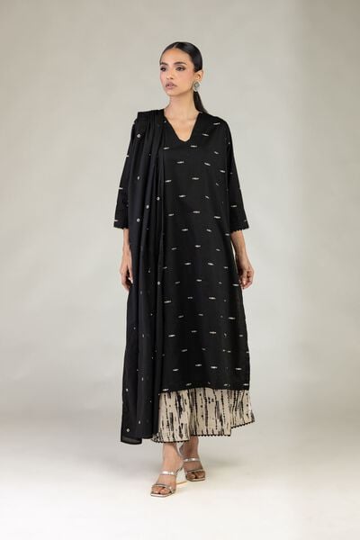 Textured Cotton | Embroidered | Black V-Neck Kurta | GBP 35.00