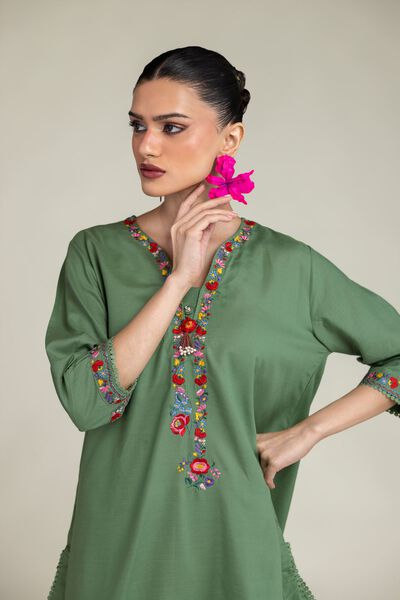 Embroidered | Raw Silk | Floral V-Neck Kurta | GBP 35.00