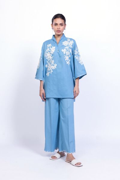 Embroidered | Cotton Dobby | Blue Summer Pants | GBP 17.00