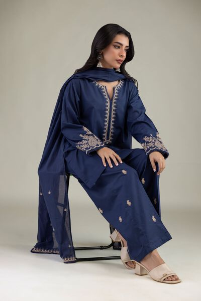 Embroidered | Cambric | Navy V-Neck Kurta | GBP 25.00