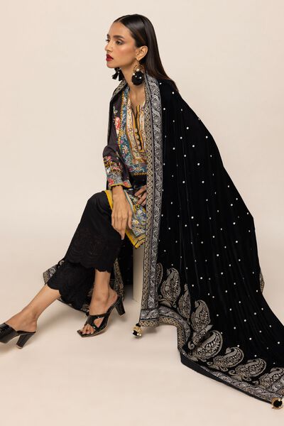 Shawl | Embroidered, BLACK, hi-res