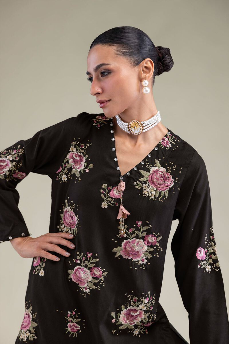 Embroidered | Raw Silk | Black Floral Kurta | GBP 40.00