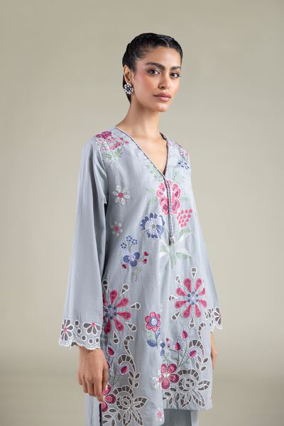 Embroidered | Textured Cotton | Floral V-Neck Kurta | GBP 35.00
