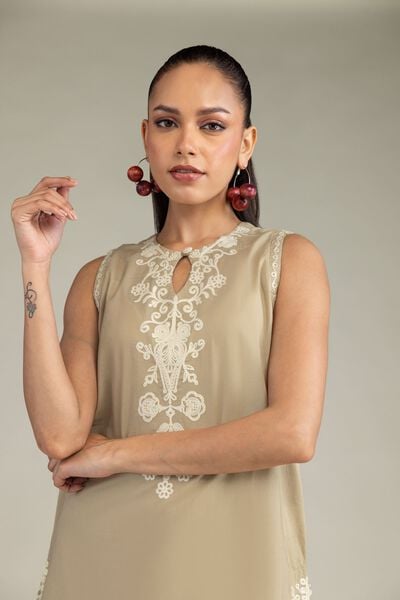 Embroidered | Cambric | Beige Sleeveless Kurta | GBP 40.00