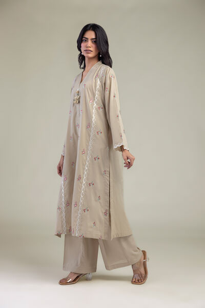 Embroidered | Cambric | Beige Solid Pants | GBP 25.00